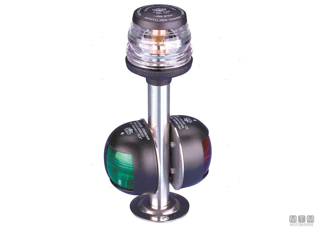 Tricolor navigation light on white pole H30 cm - original photo Motomarine Srl