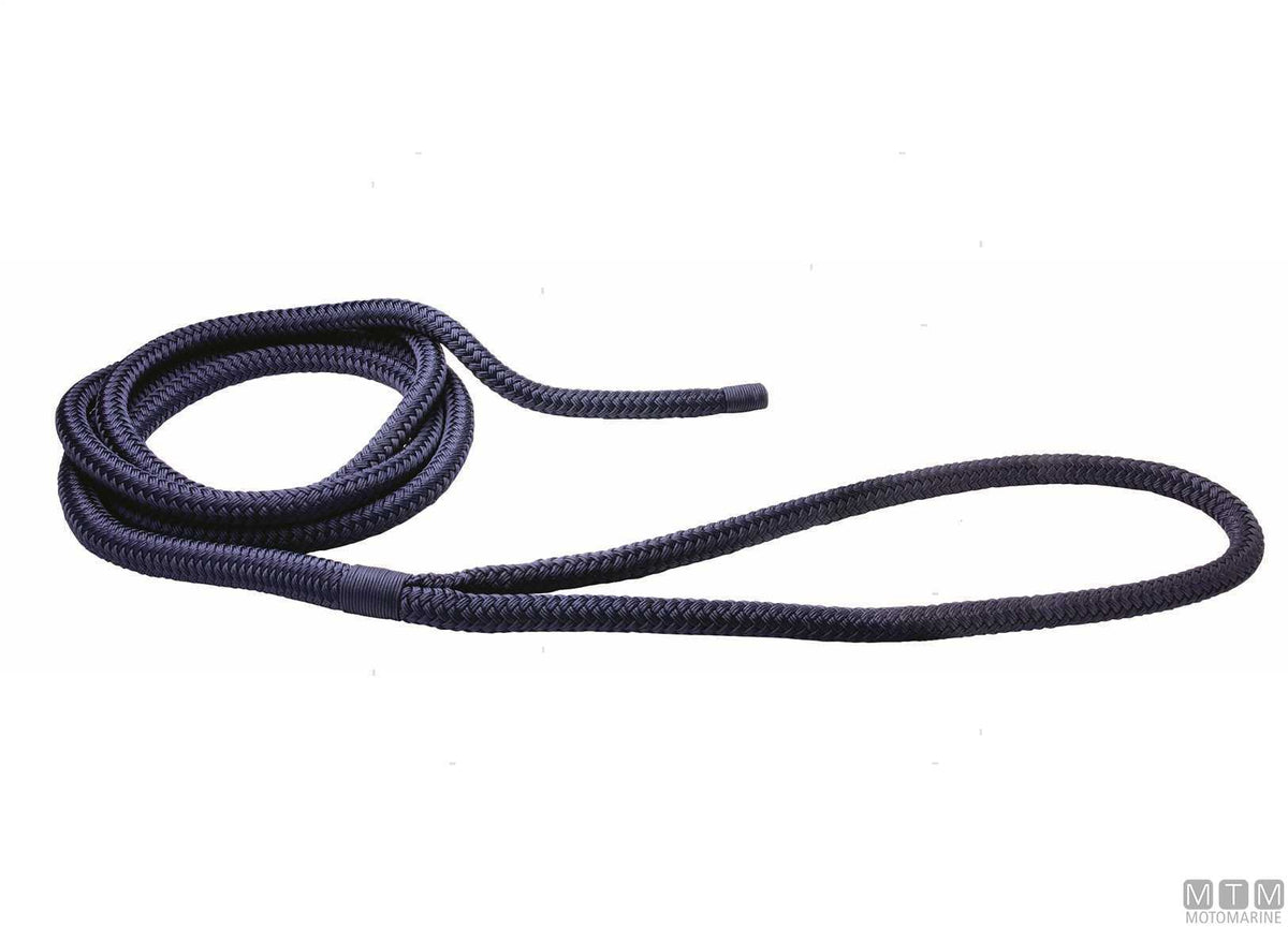 Blue braided mooring line with brown leather-covered eye, 75 cm, Ø24 mm, 16 m - original photo Motomarine Srl