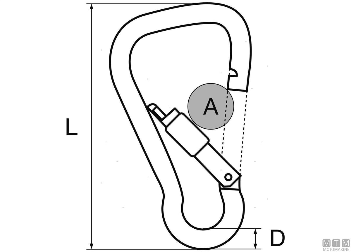 Wide snap hook Ø11 mm with safety lock stainless steel 316 - original photo Motomarine Srl