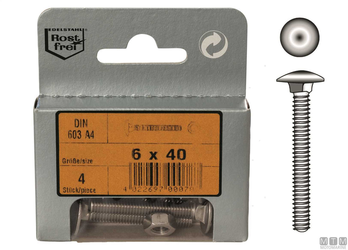 Wood carriage bolts mushroom head DIN 603 + A4 stainless steel nuts, M8x80, 2 pcs - original photo Motomarine Srl