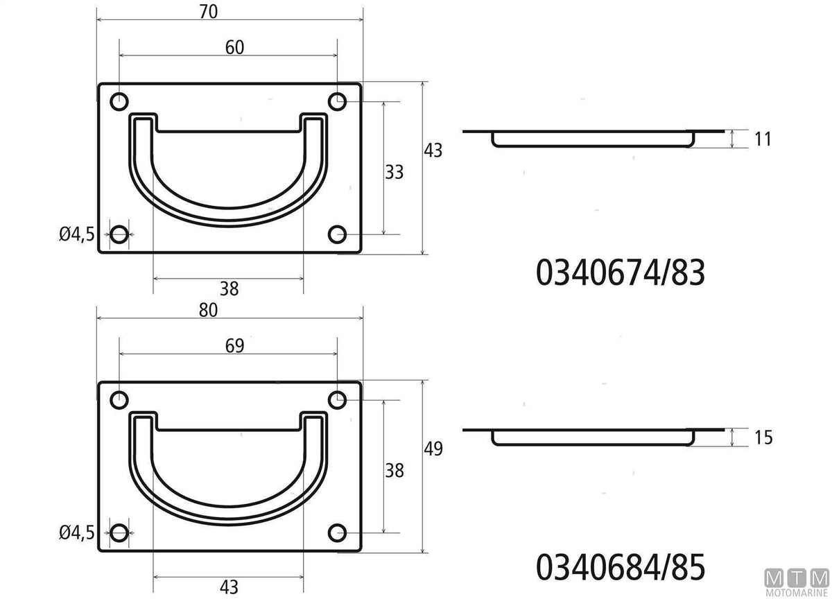 Recessed handle 70x43 mm in polished brass - original photo Motomarine Srl