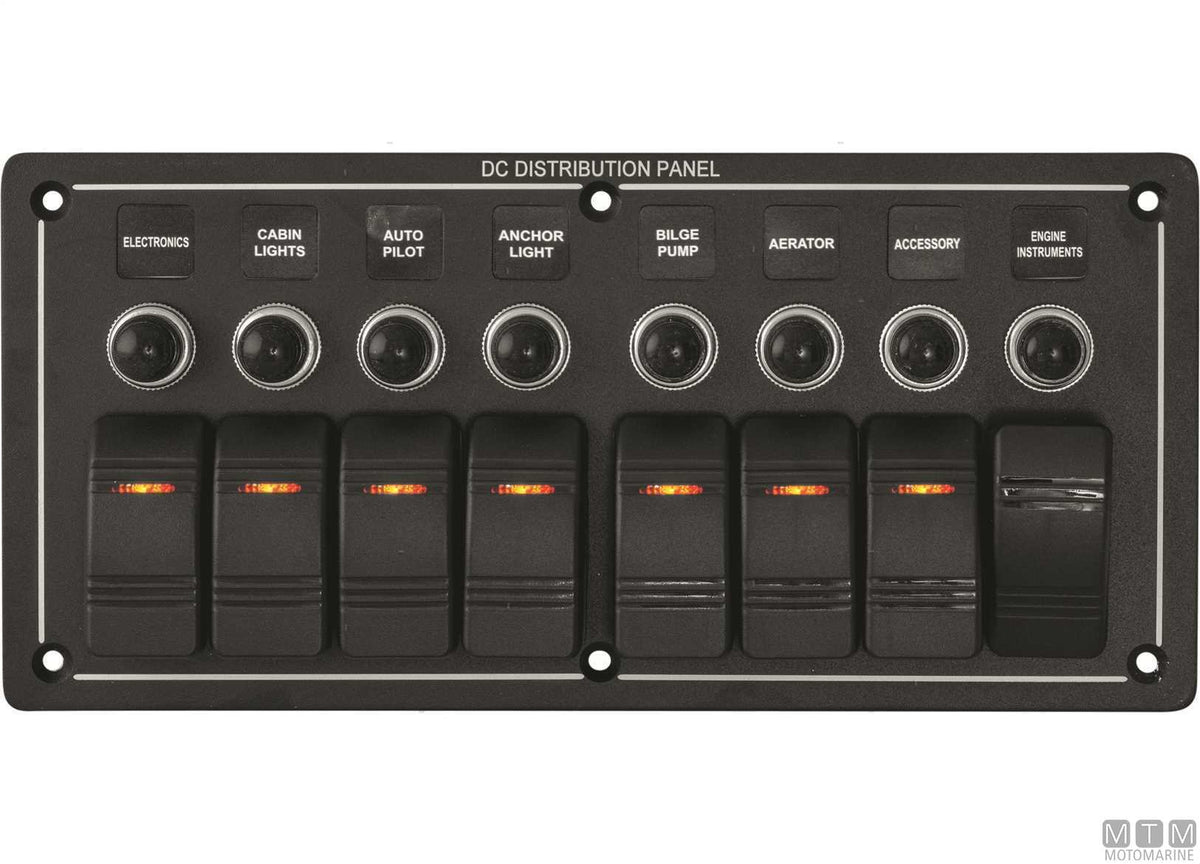 Black aluminium panel with 6-position rocker switches - original photo Motomarine Srl