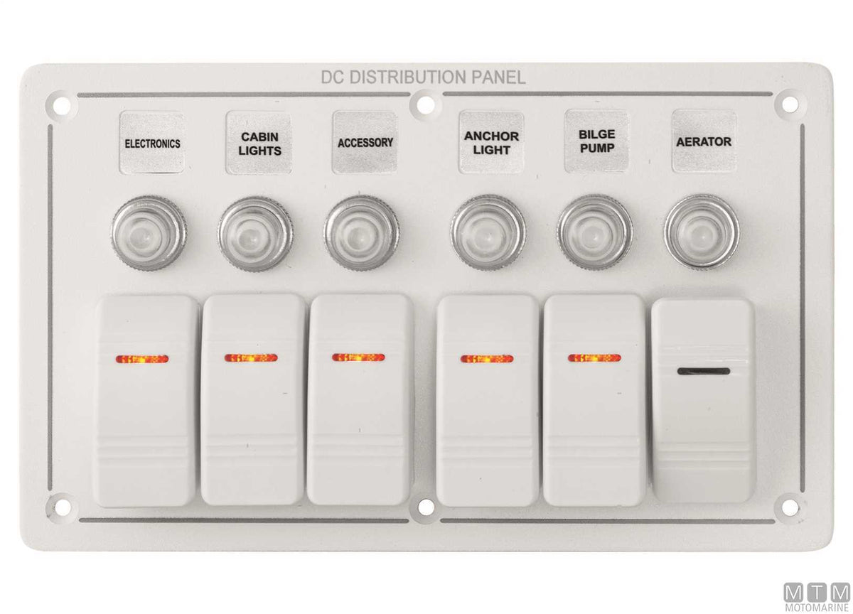 White aluminium panel with rocker switches, 6 positions - original photo Motomarine Srl