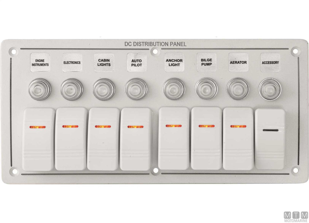 White aluminium panel with rocker switches, 6 positions - original photo Motomarine Srl