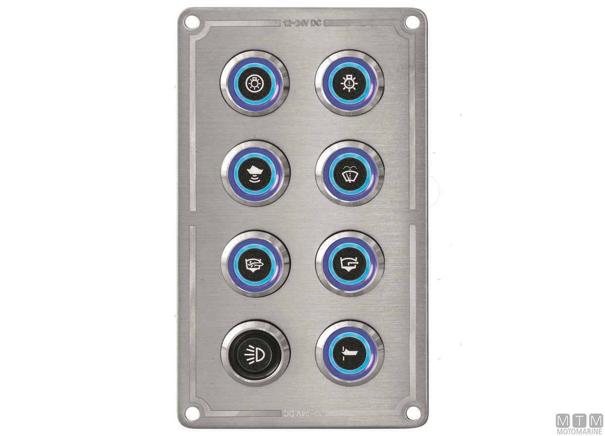 Stainless steel panel with stainless steel push-button switches, 8 positions, 80x140 mm - original photo Motomarine Srl