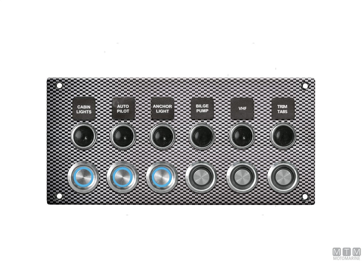 Carbon aluminium panel with push-button switches, 6 positions - original photo Motomarine Srl