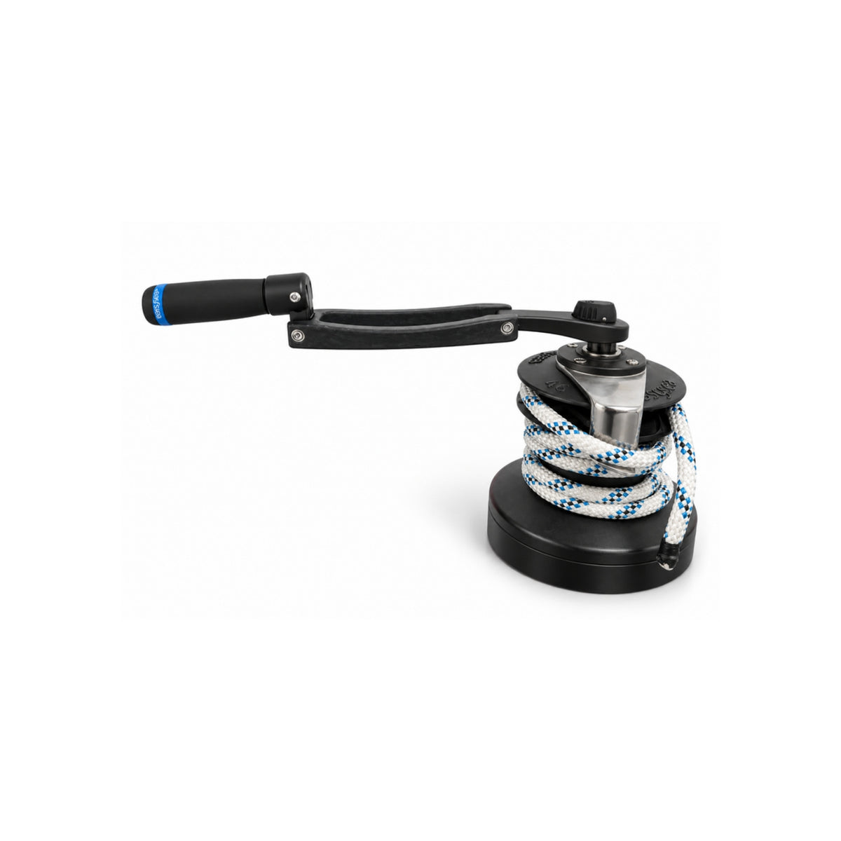 Flipper Max Carbon winch handle in extended position on a winch, long carbon lever fully out for maximum leverage
