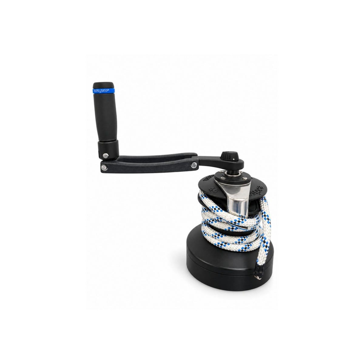 Flipper Max Carbon winch handle on a winch in half-open position, grip raised and arm folded