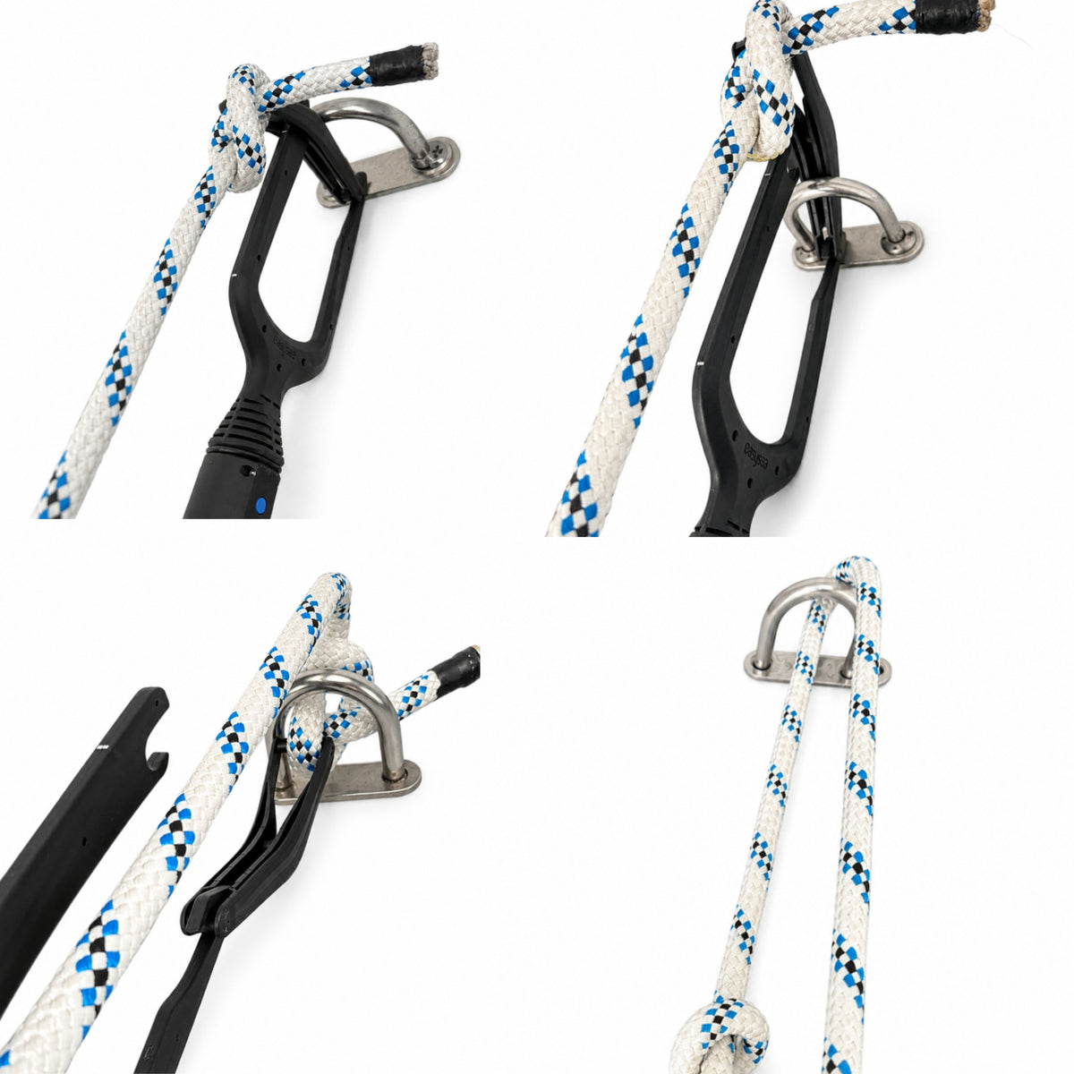 Four step sequence of a mooring line passed over a deck eye with the Jake line-passing head