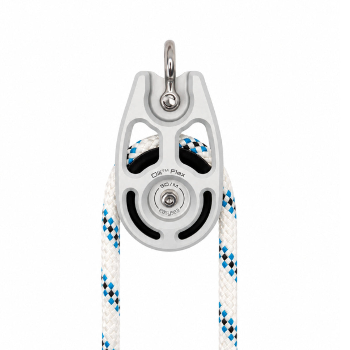 Olli Flex 50 M block with a braided line running through the sheave, front view