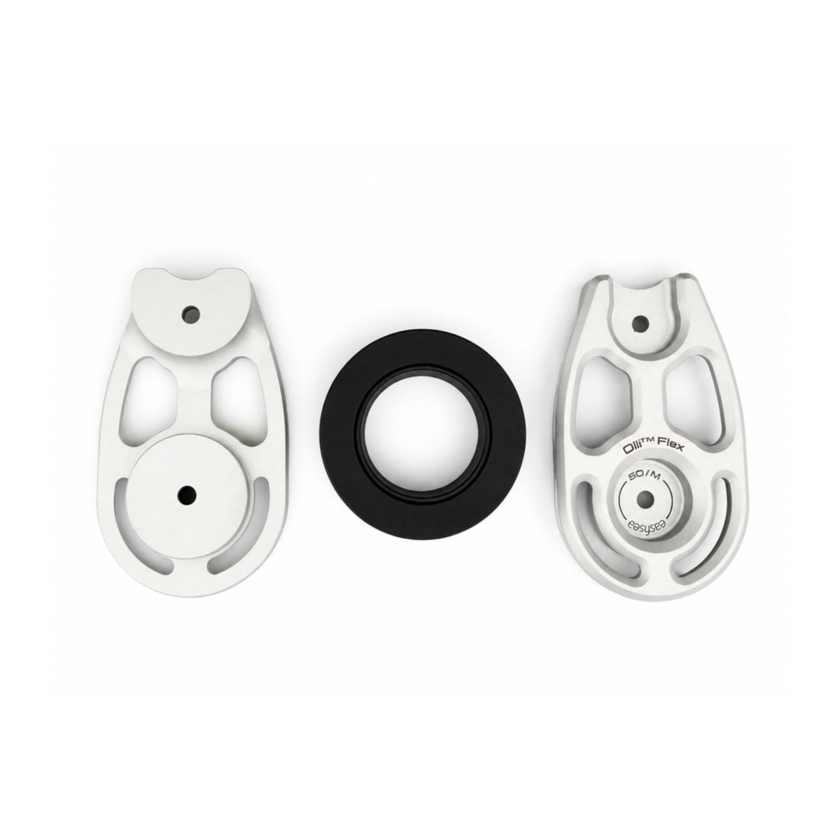 The three components of the Olli Flex 50 M laid out: cheek, POM sheave and body