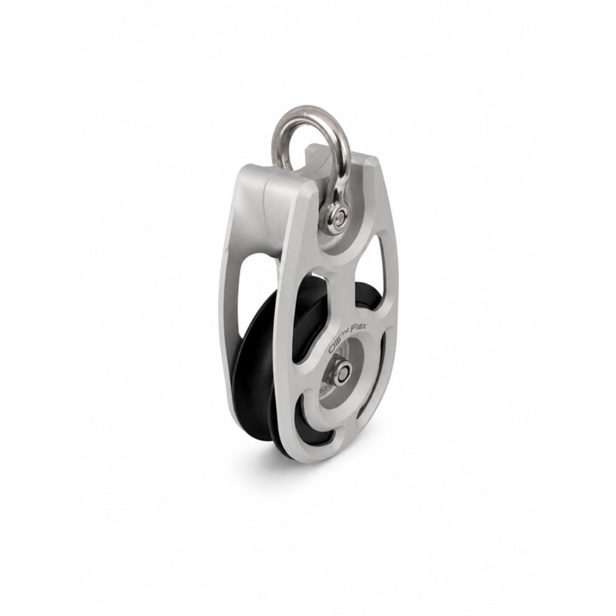 Olli Flex 50 M block at 45 degrees showing the anodised aluminium cheeks and the POM sheave