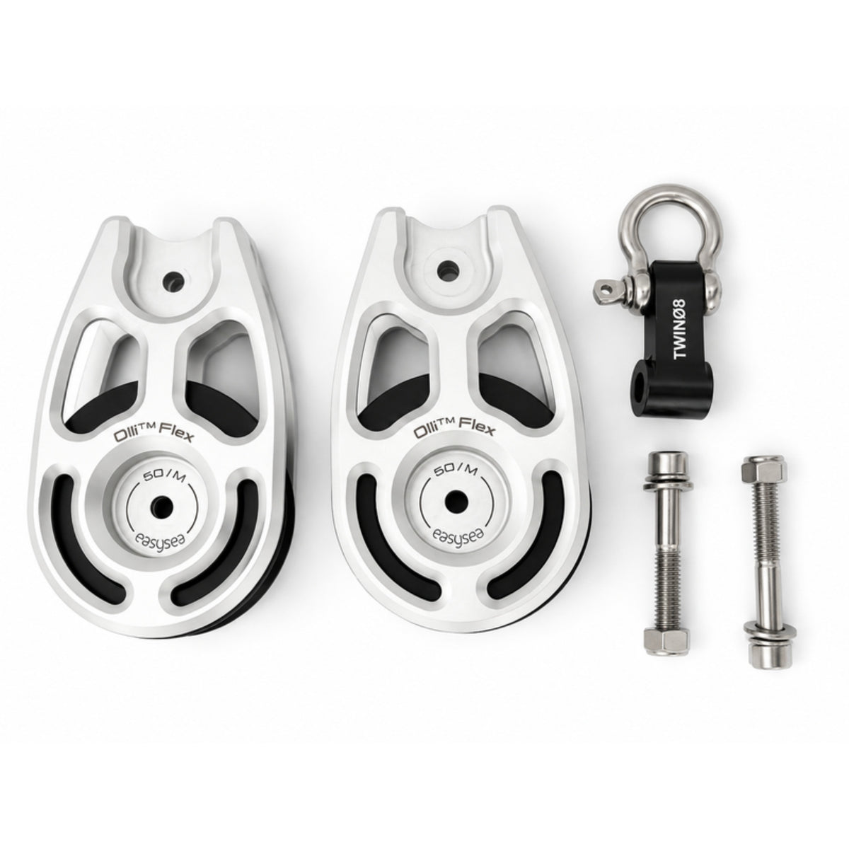 Two Olli Flex 50 M blocks with the stainless shackle and the two bolts needed to join them