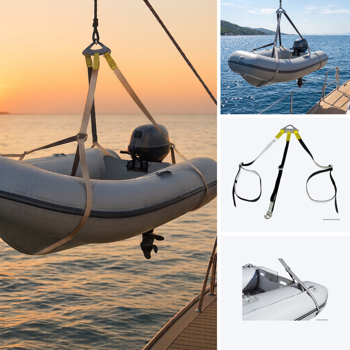 3-arm dinghy lift system + 2 straps - in use