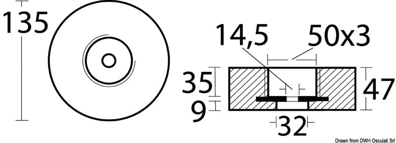 Tecnoseal Hidden mounting zinc anode Ø 135 mm - foto originale Osculati Srl