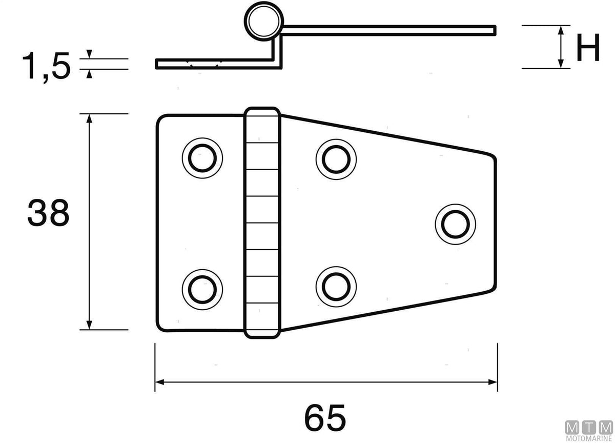 Long offset hinge 38x65 mm H10 mm in stainless steel 316 - original photo Motomarine Srl