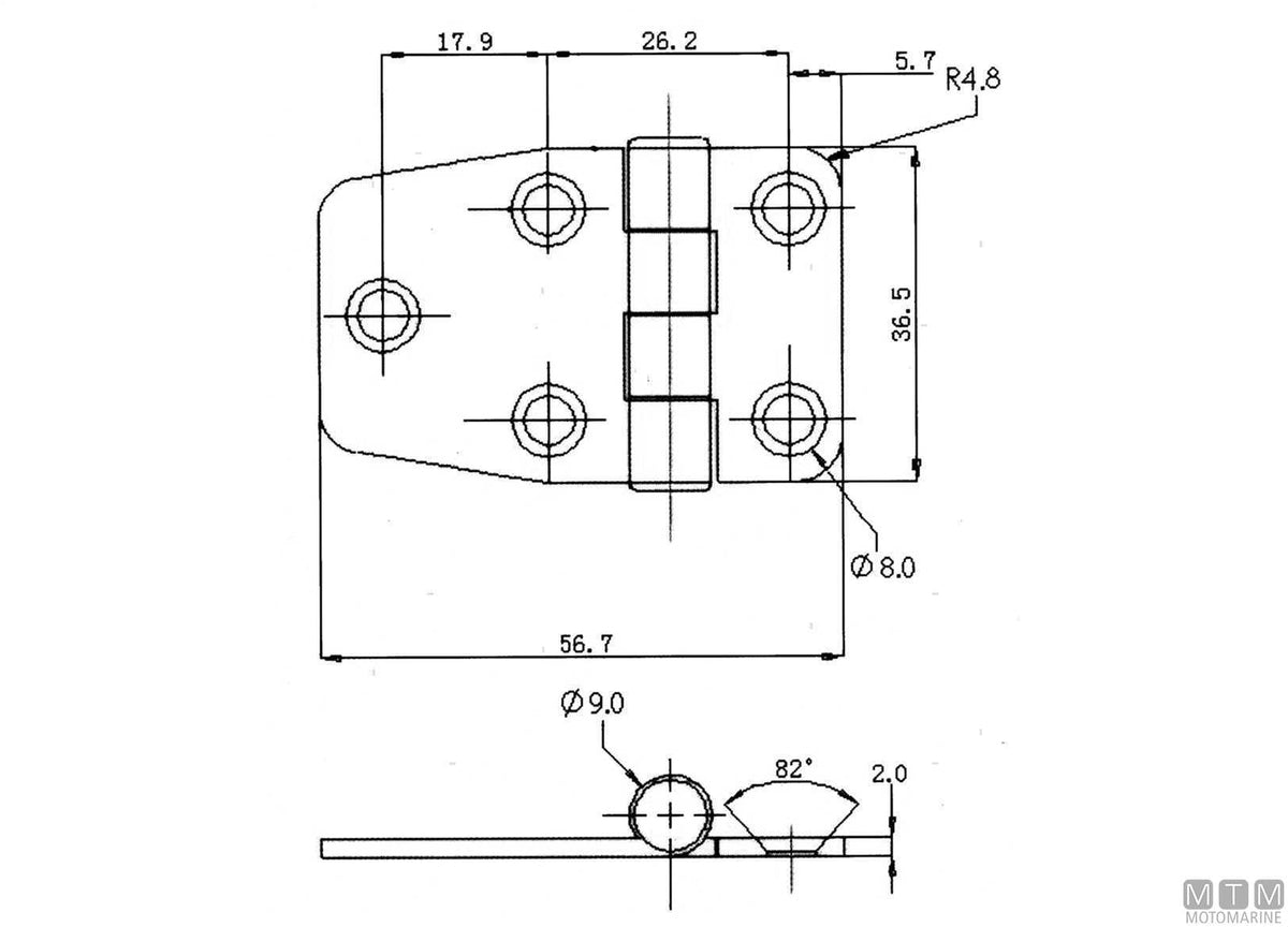 Covered asymmetric deck hinge 36x57 mm, 316 stainless steel - original photo Motomarine Srl