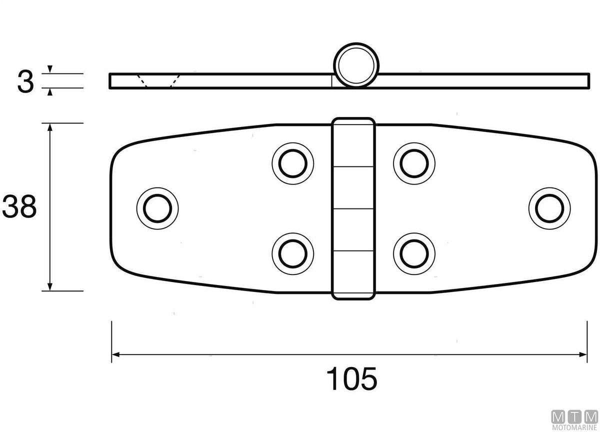 Heavy-duty wing hinge 38x105 mm, 316 stainless steel - original photo Motomarine Srl