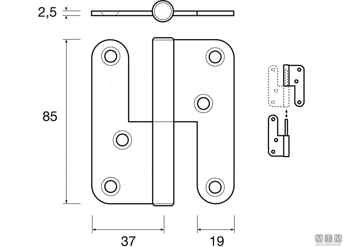 Right removable hinge 85x74 mm, 316 stainless steel - original photo Motomarine Srl