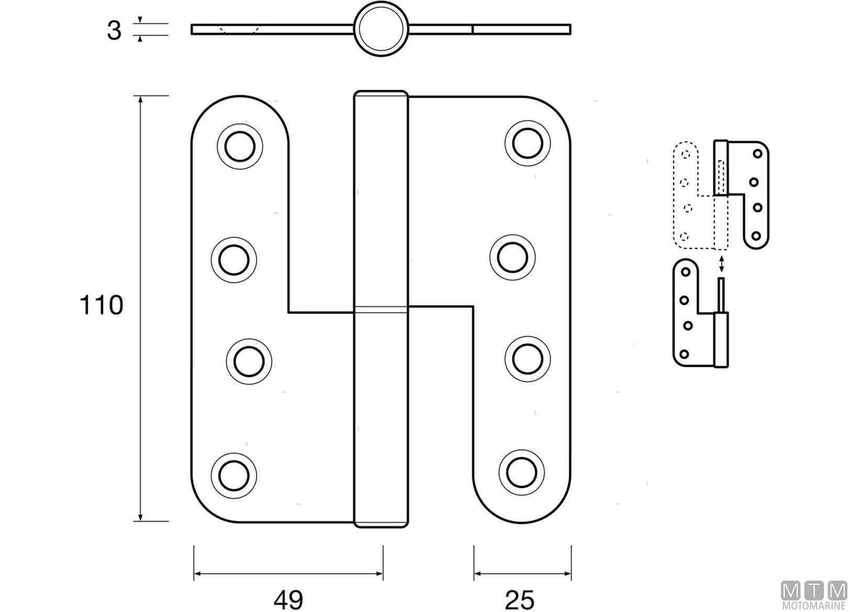 Left removable hinge 110x98 mm, 316 stainless steel - original photo Motomarine Srl