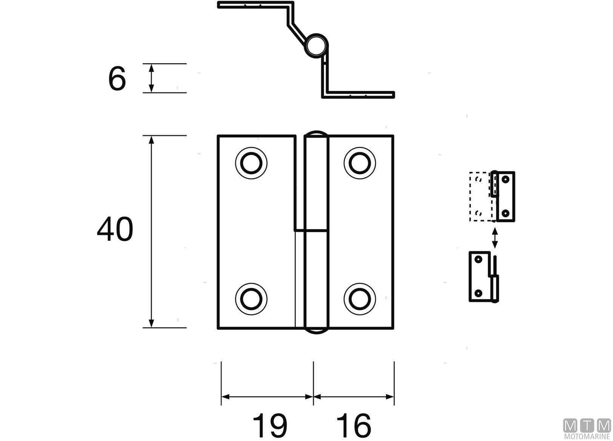 Left overhang hinge 40x35 mm H12 mm, 316 stainless steel - original photo Motomarine Srl