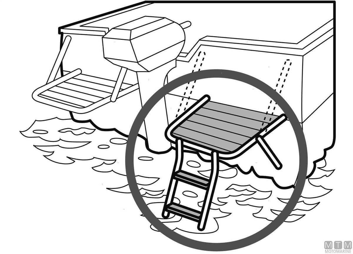 Tinox S swim platform with 2-step ladder, stainless steel and doussie wood - original photo Motomarine Srl