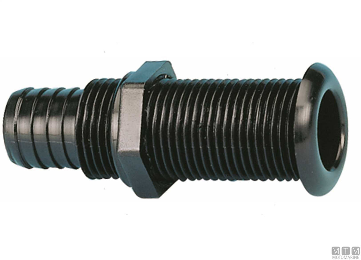 White through-hull fitting with hose tail for Ø22.7 mm plugs - original photo Motomarine Srl