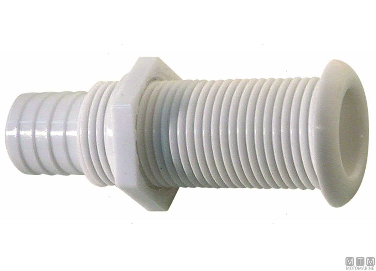 Black through-hull fitting with hose tail for Ø25 mm plugs - original photo Motomarine Srl