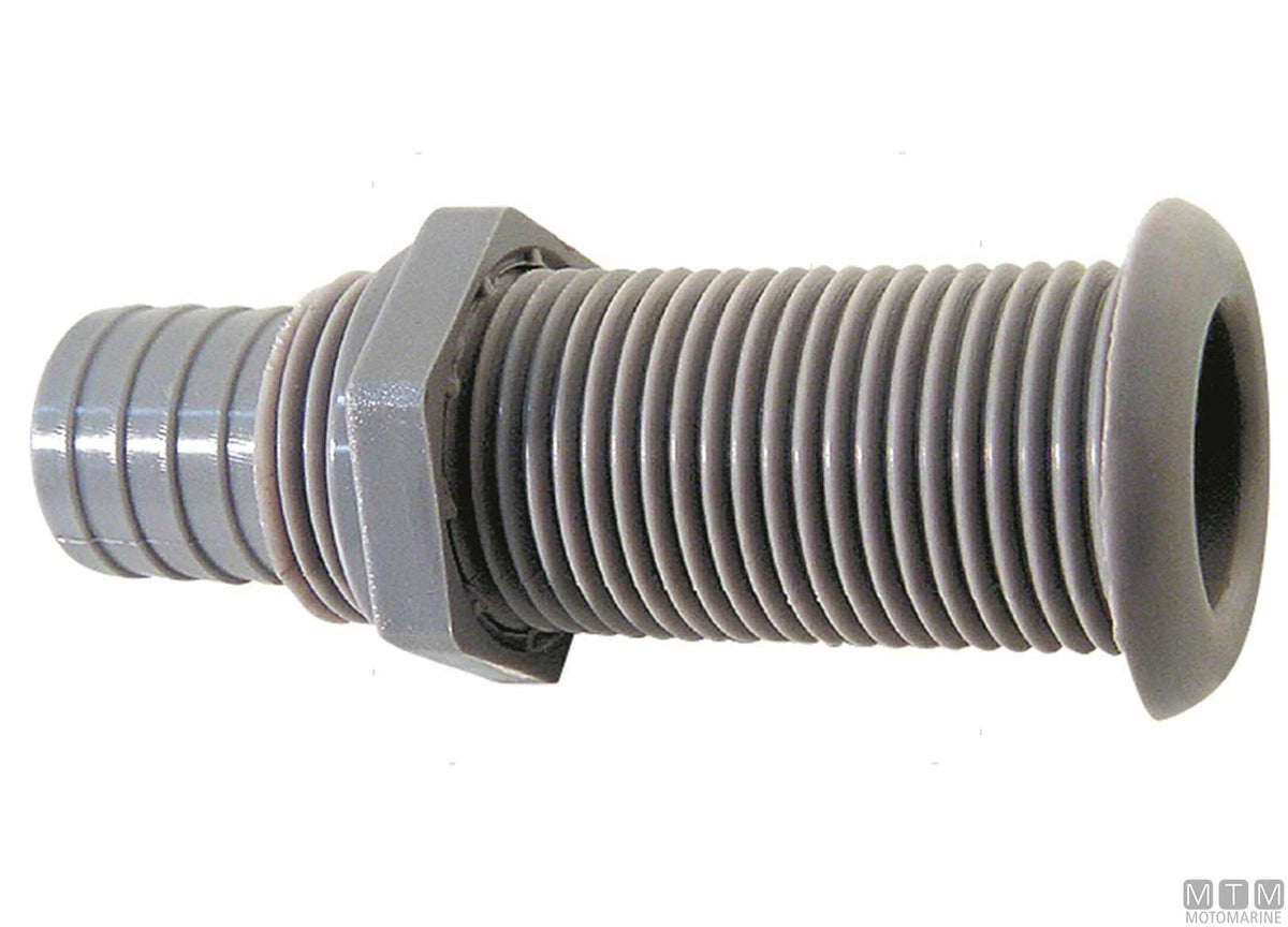 Black through-hull fitting with hose tail for Ø22.7 mm plugs - original photo Motomarine Srl