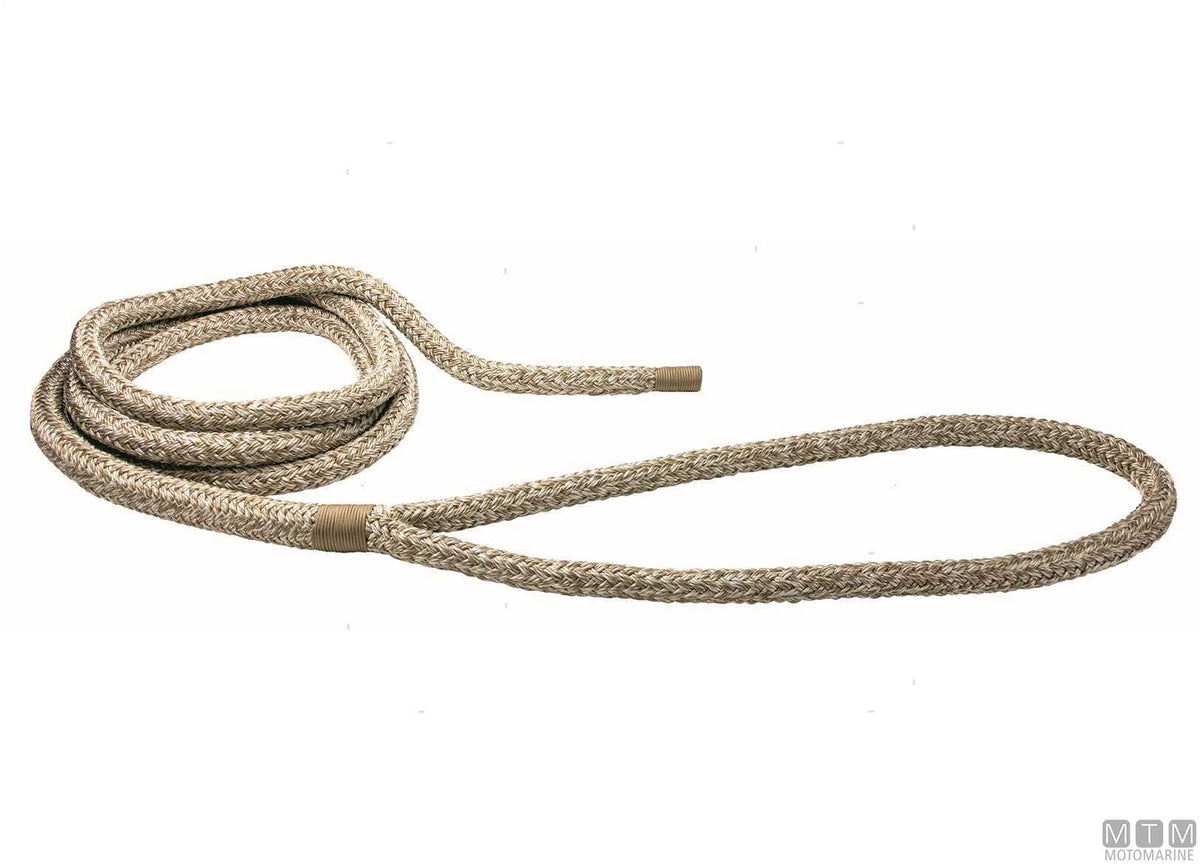 Beige braided mooring line with brown leather-covered eye, 75 cm, Ø28 mm, 16 m - original photo Motomarine Srl