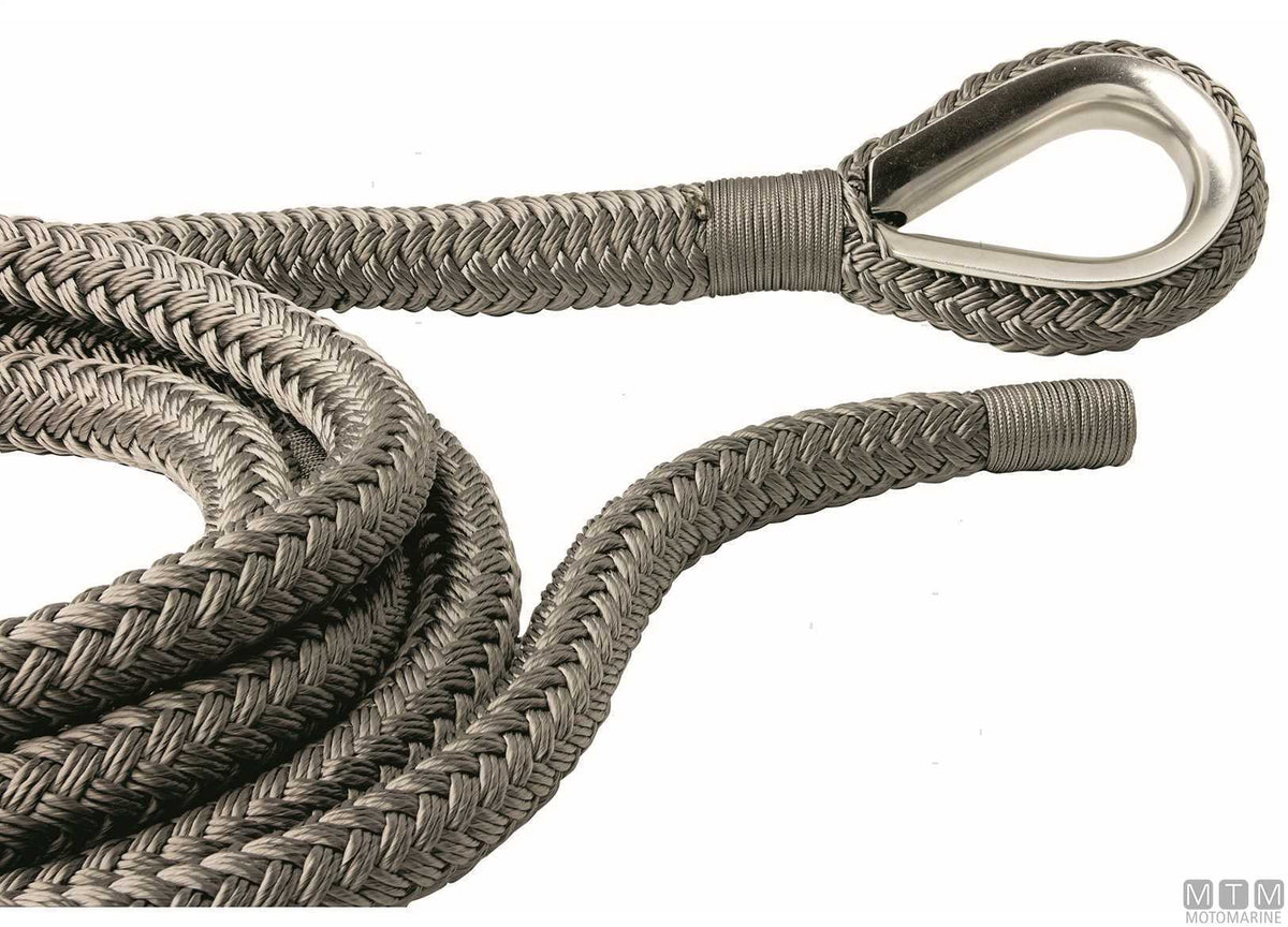 Grey braided mooring line with stainless steel thimble Ø24 mm 20 m - original photo Motomarine Srl