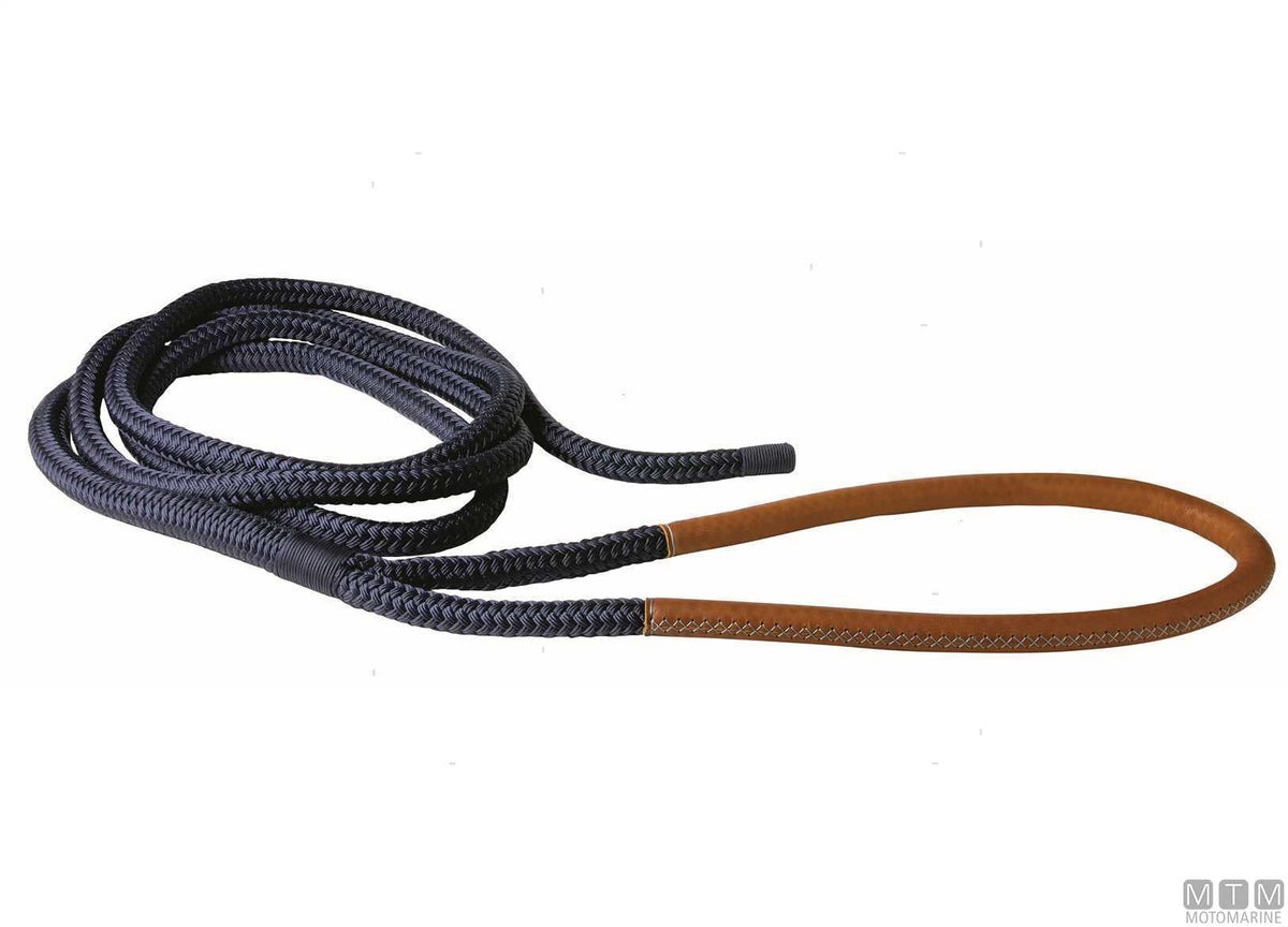 Blue braided mooring line with brown leather-covered eye, 75 cm, Ø24 mm, 16 m - original photo Motomarine Srl