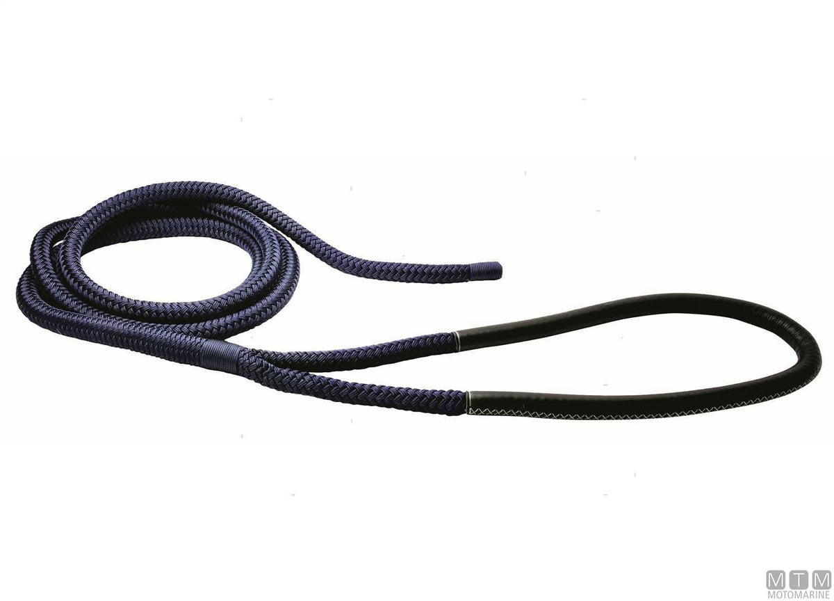 Blue braided mooring line with brown leather-covered eye, 100 cm, Ø32 mm, 20 m - original photo Motomarine Srl