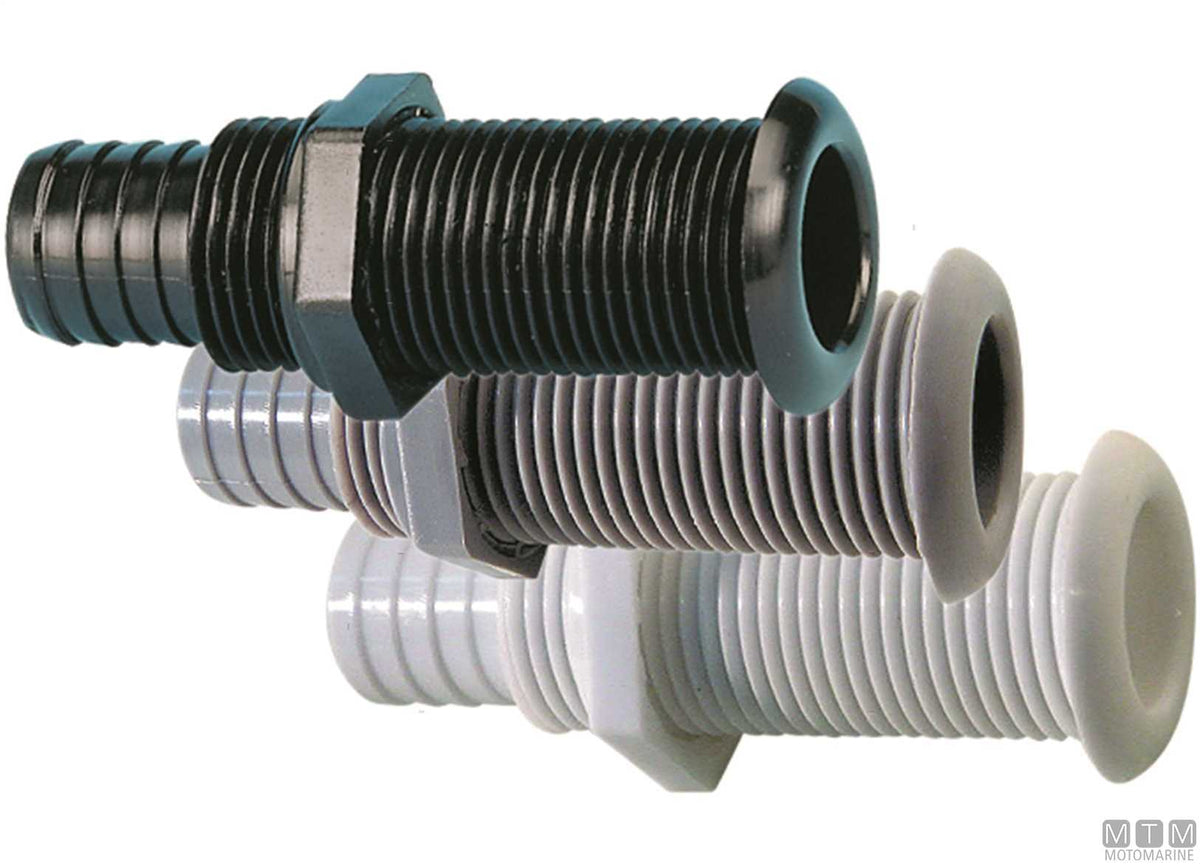 White through-hull fitting with hose tail for Ø25 mm plugs - original photo Motomarine Srl