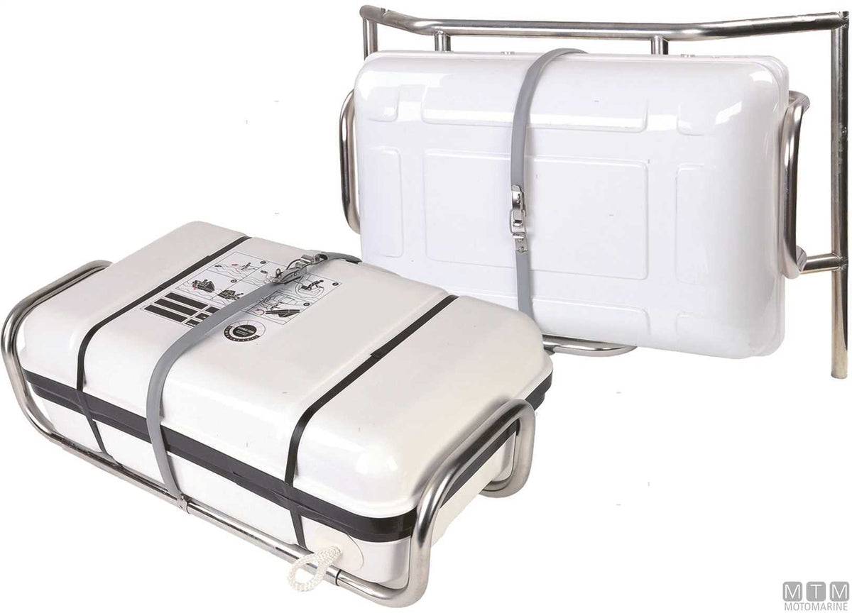 Adjustable stainless steel cradle with clamps for liferafts - original photo Motomarine Srl