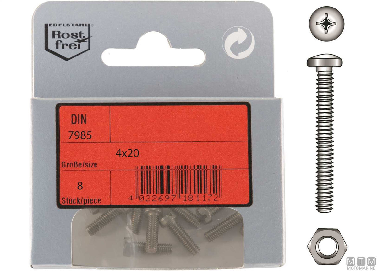 DIN 7985 pan head screws + A4 stainless nuts M5x30, 6 pcs - original photo Motomarine Srl