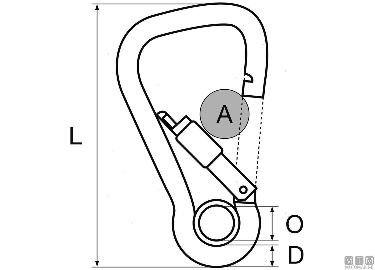 Wide snap hook Ø8 mm with eye and locking ring stainless steel 316 - original photo Motomarine Srl