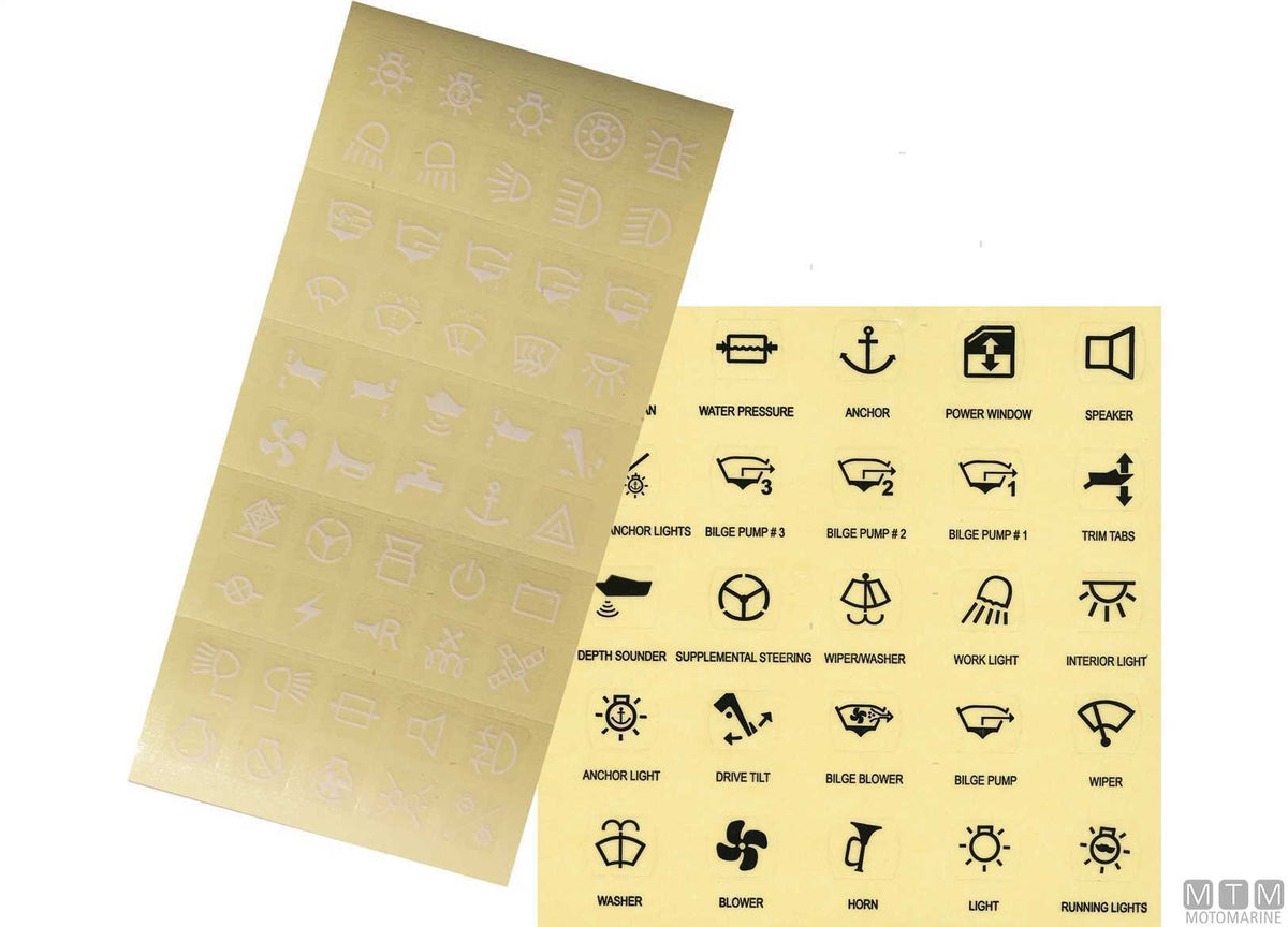Adhesive labels for switches 25 symbols black on transparent - original photo Motomarine Srl