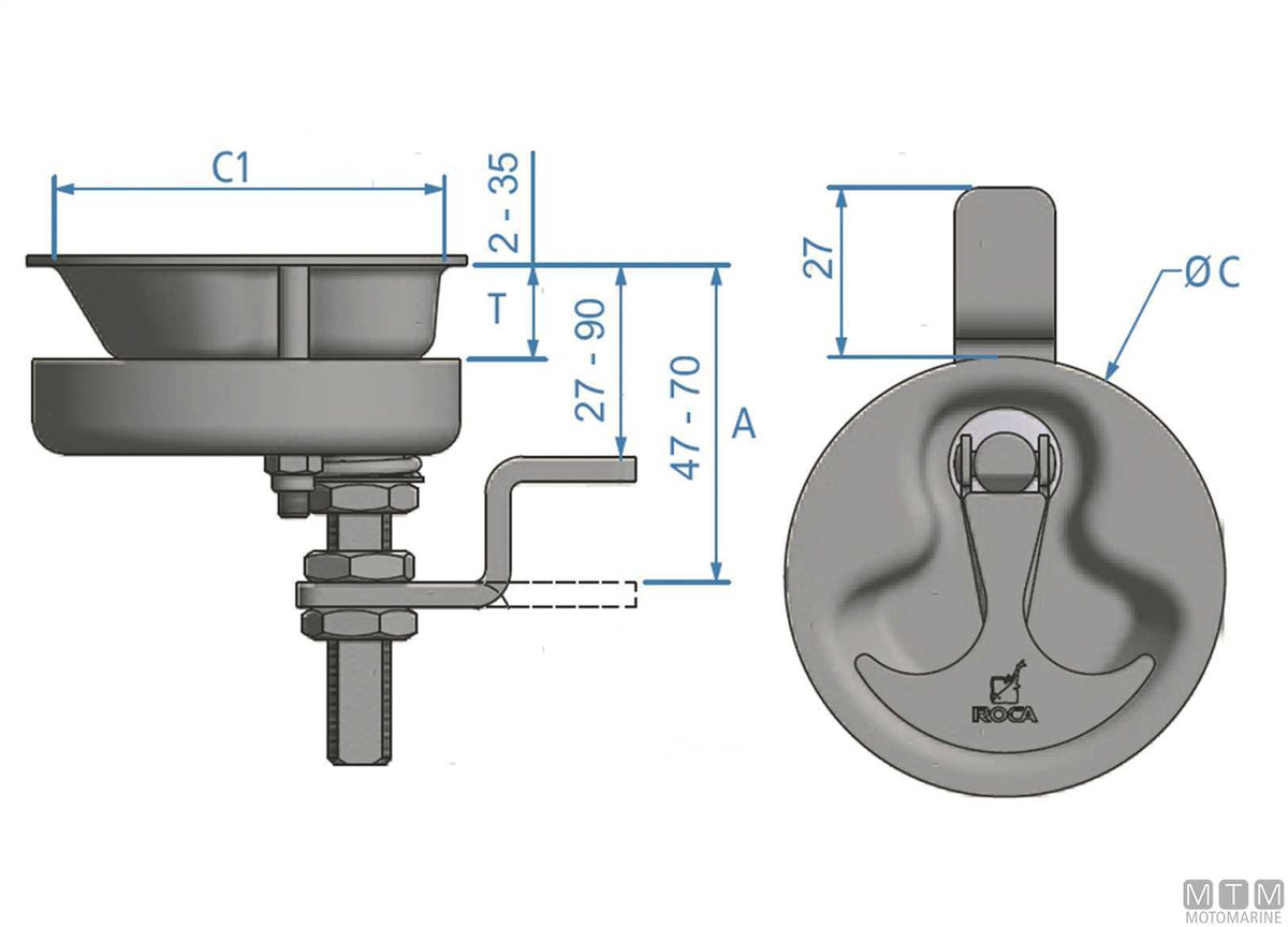 Angled lever for Roca latch 27-70 mm stainless steel 316 - original photo Motomarine Srl