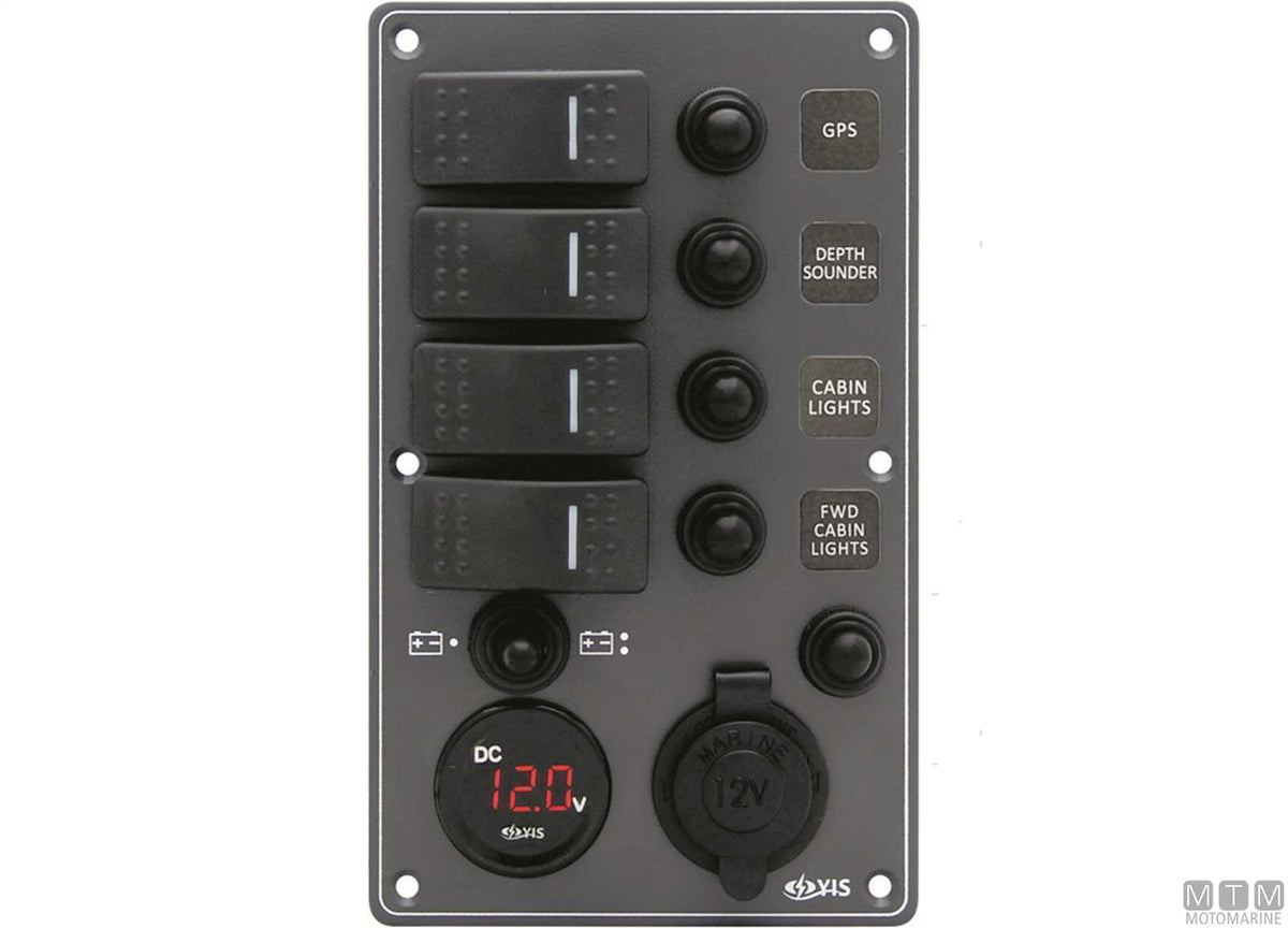 Black aluminium panel with rocker switches, 4+2 positions - original photo Motomarine Srl