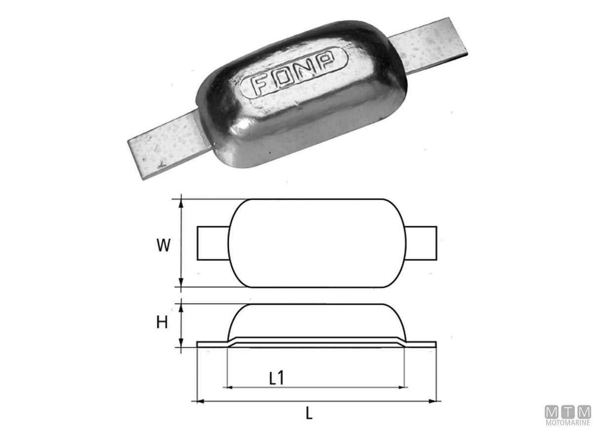 Oval plate anode with weld-on insert L110 mm 1 kg zinc - original photo Motomarine Srl