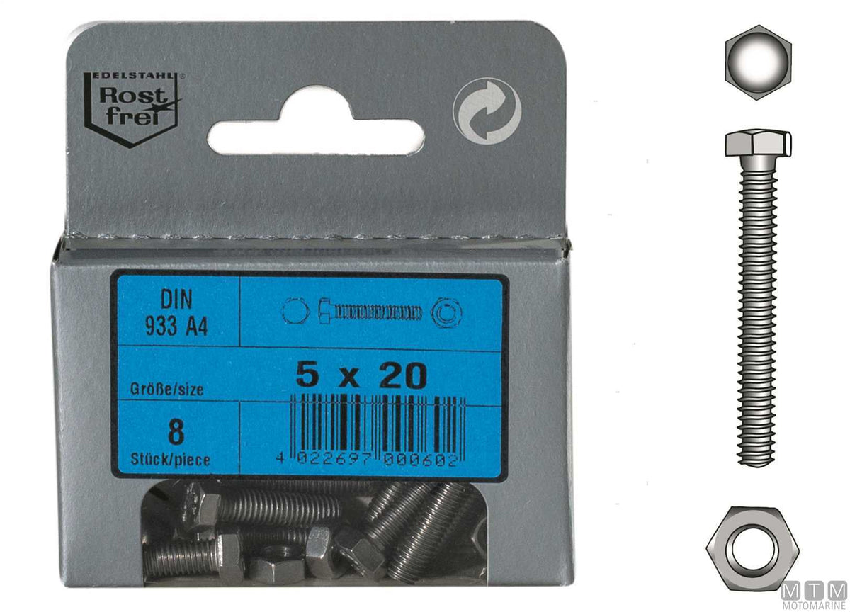 DIN933 hex head screws + A4 stainless nuts M6x40, 4 pcs - original photo Motomarine Srl