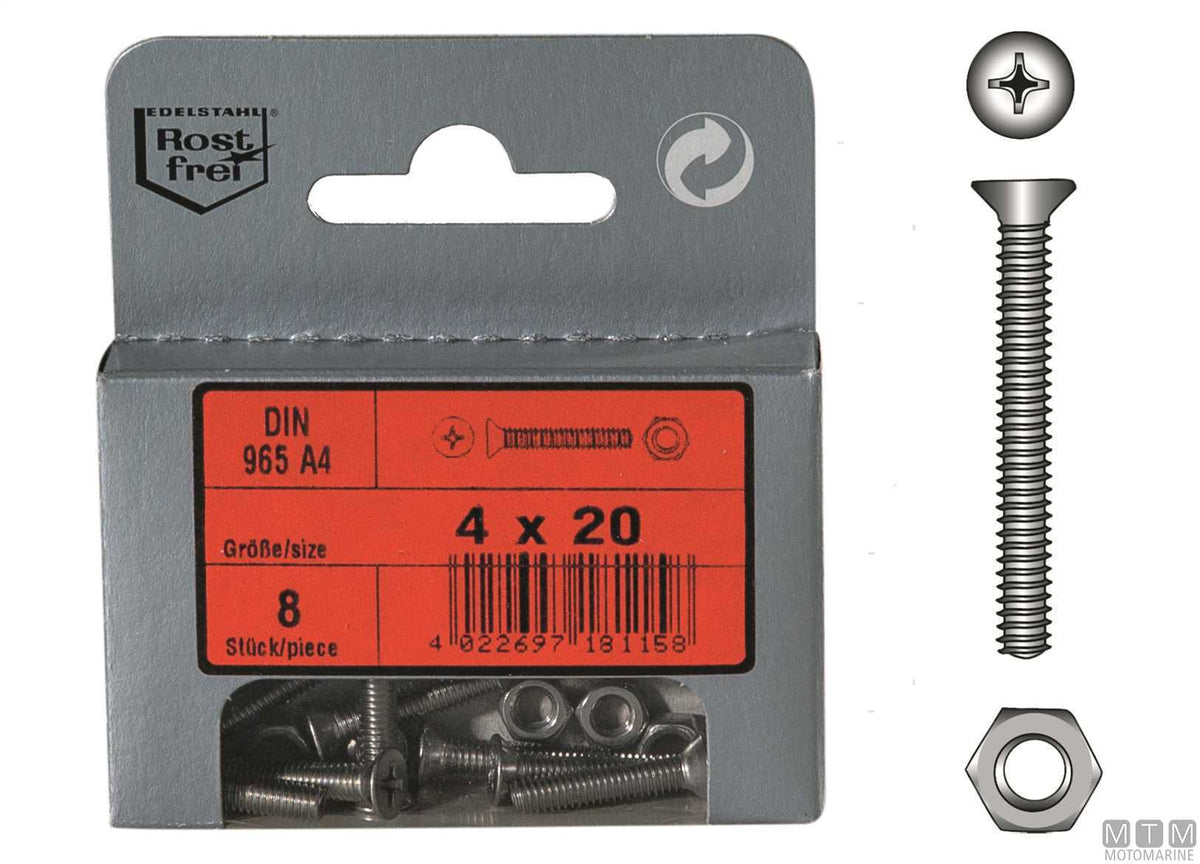 Countersunk flat head screws DIN965 + A4 stainless nuts M4x20 8 pcs - original photo Motomarine Srl