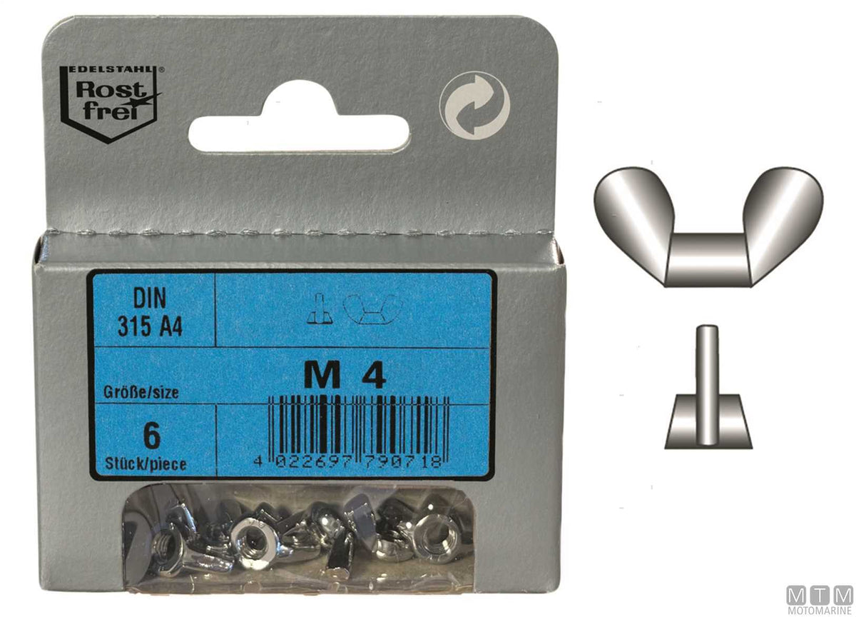 Wing nuts DIN315 stainless steel A4 M4 6 pcs - original photo Motomarine Srl