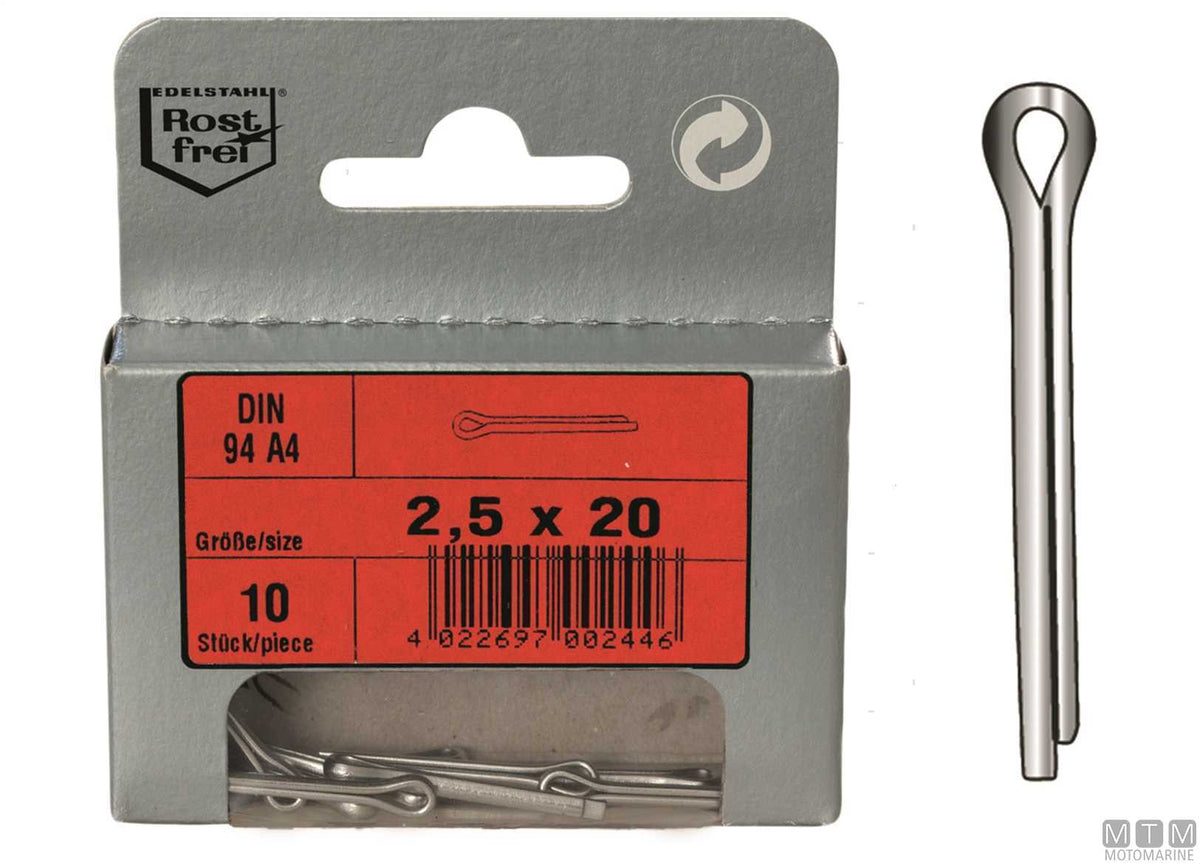Split pins DIN 94 A4 stainless steel Ø2.5x25 mm, 10 pcs - original photo Motomarine Srl