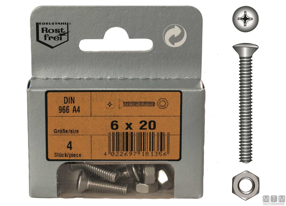 Raised countersunk head screws DIN 966 + A4 stainless steel nuts, M4x50, 6 pcs - original photo Motomarine Srl