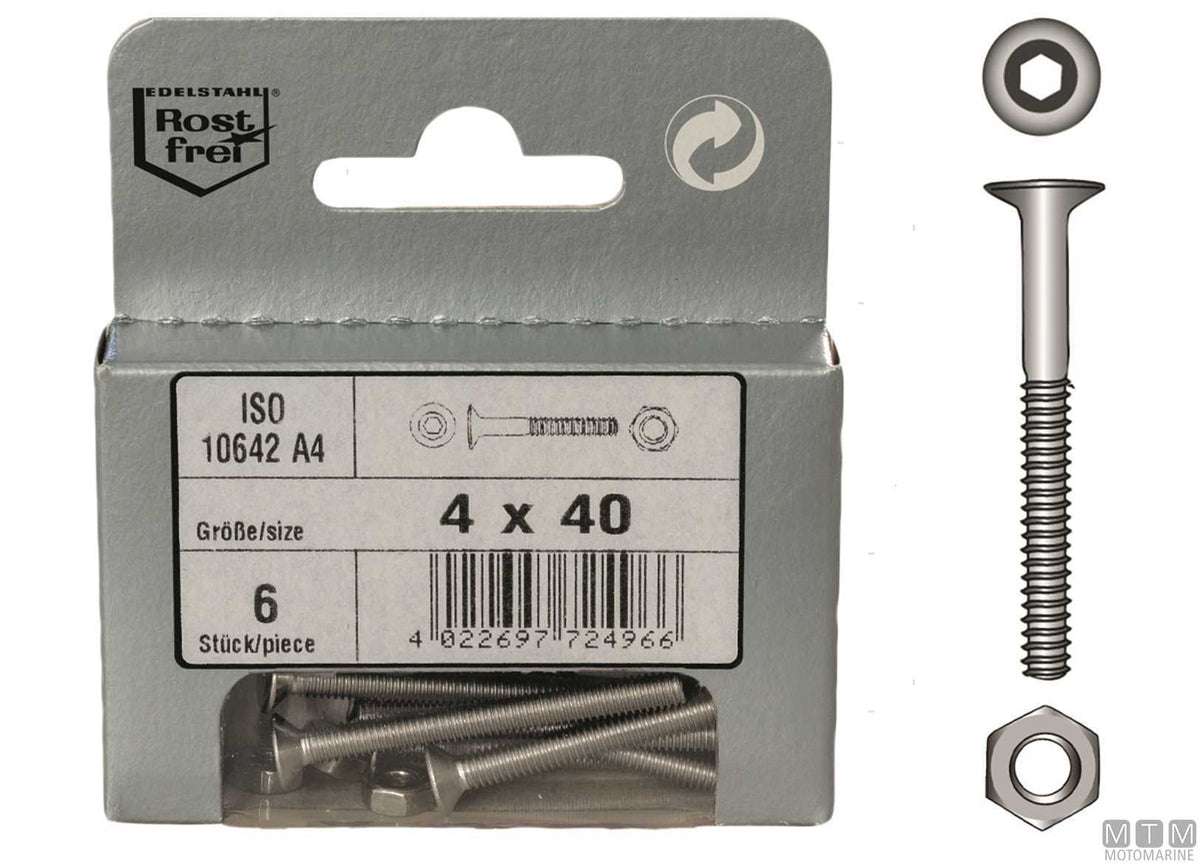 Countersunk hex socket screws DIN 10642 + A4 stainless steel nuts, M8x30, 4 pcs - original photo Motomarine Srl