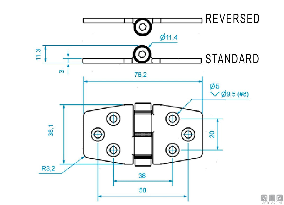 ROCA friction hinge, lower pin 38x76 mm in stainless steel 316 - original photo Motomarine Srl
