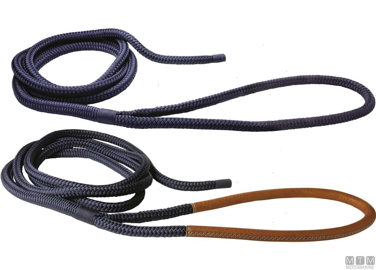 Blue braided mooring line with brown leather-covered eye, 75 cm, Ø24 mm, 16 m - original photo Motomarine Srl