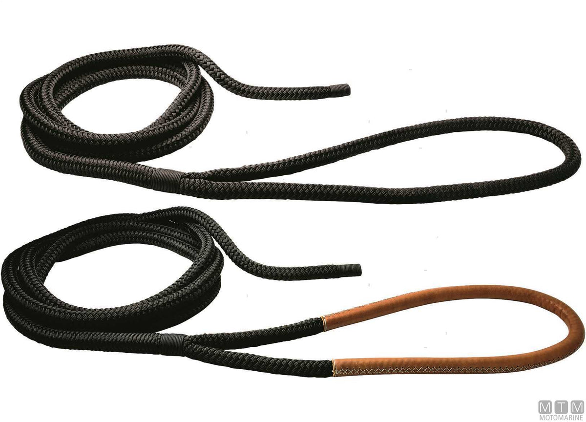 Black braided mooring line with black leather eye splice 100 cm Ø32 mm 16 m - original photo Motomarine Srl